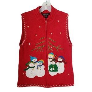 Designers Originals Studio  Snowman Zippered Christmas Vest. Red  Lg